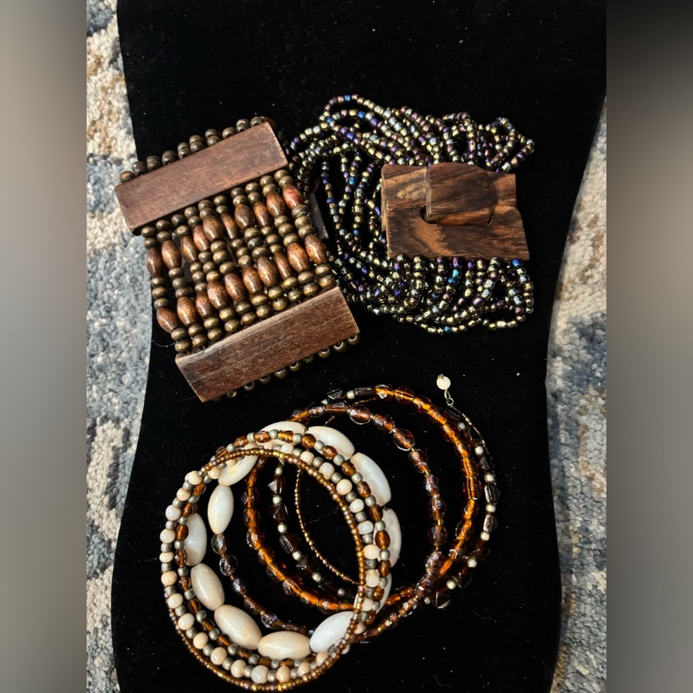 Three Vintage and Modern Wood Brown Beaded and Browns Bracelets Preloved